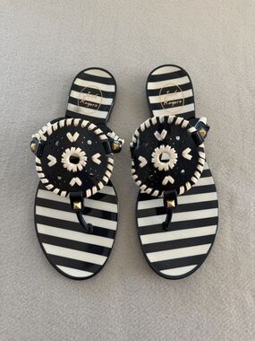 Jack Rogers Navy Blue & White Striped Braided Medallion Sandals | Flip-Flop | 7